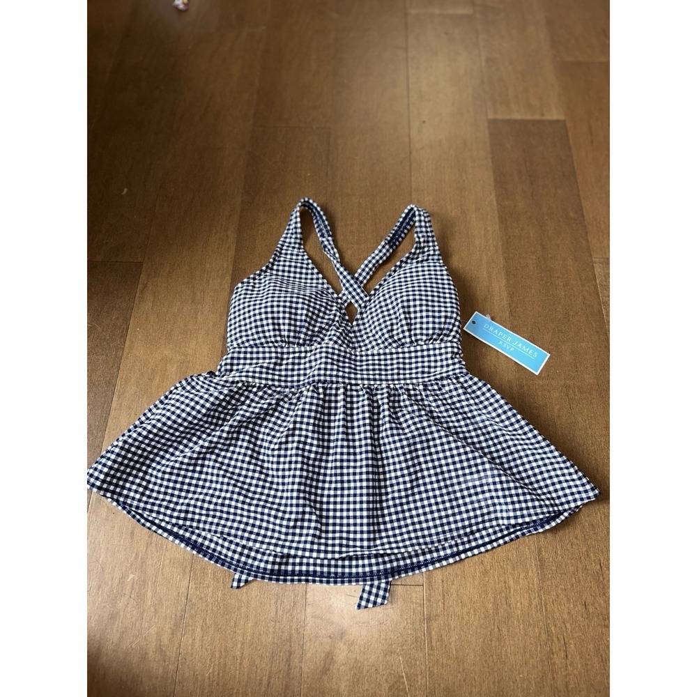 Draper James Swim Navy White Gingham NWT Lands' End Tankini Top Small Tank